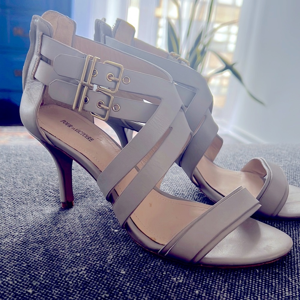 Pour la Victoire strappy open sandals with 3” stiletto heel